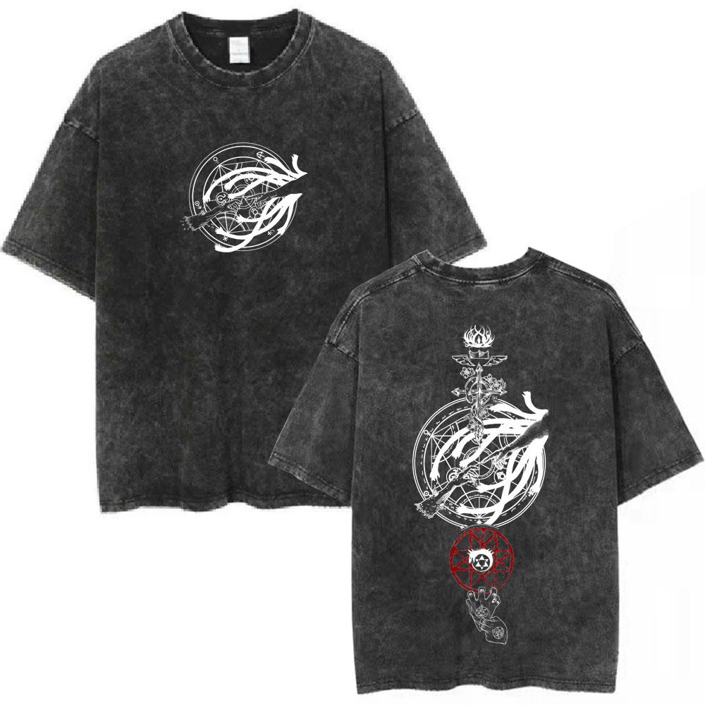 Camiseta Estampada con Logo de Anime Fullmetal Alchemist para Hombre y Mujer Moda Vintage Lavada Manga Corta Algodón Camisetas Oversize Streetwear