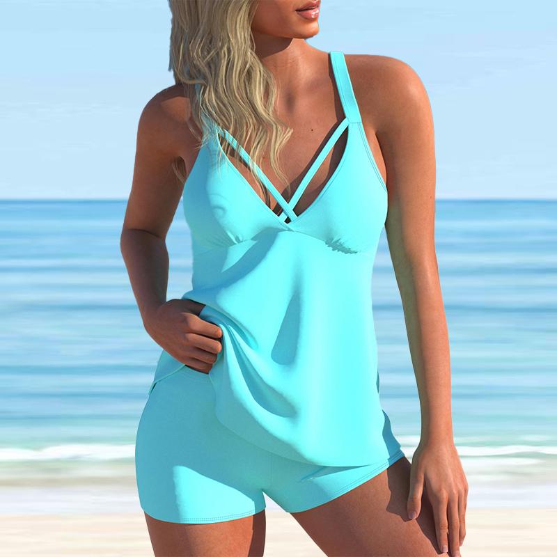 Damen-Badeanzug mit Schultergurten, blauer Blatt-Halsketten-Aufdruck, Bikini-Tankini-Badeanzug