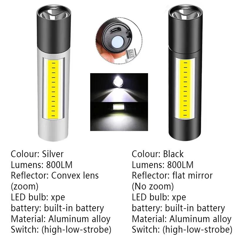 LED Flashlight Rechargeable Super Bright Mini Work Light 3 Modes Waterproof Portable COB Tactical Torch Zoomable Camping Lantern