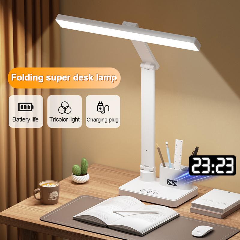 Lampa stołowa z zegarem LED USB z możliwością przyciemniania lampa biurkowa 2 głowice 180 obrót składana ochrona oczu lampka nocna do czytania