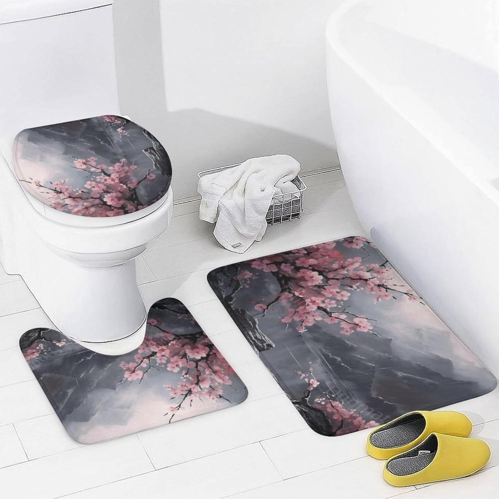 Antique Cherry Blossom Shower Curtain and Rug Set, Waterproof Bathroom Decor with Nature Theme