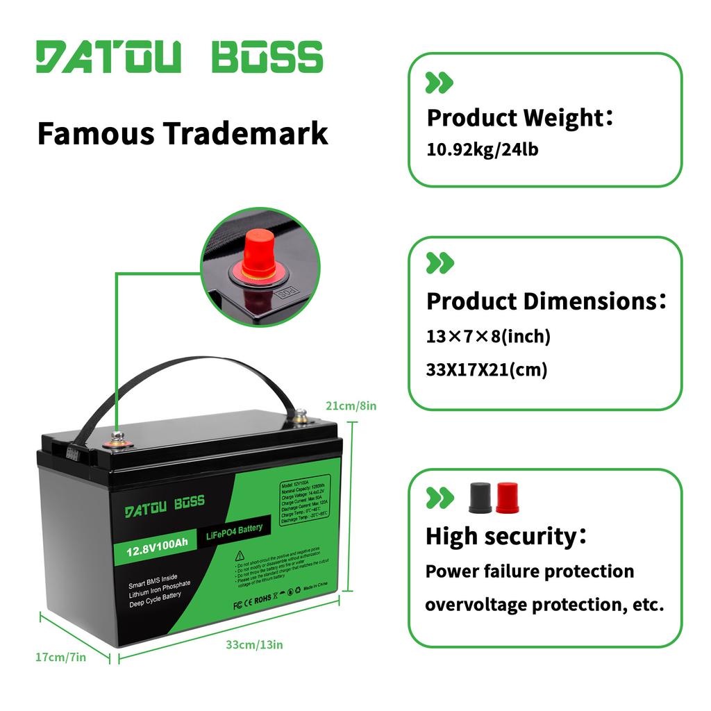 Datouboss 12V 100AH  Lifepo4 Batterie Solaire Lithium Battery Pack Storage for  RV/ Solar System/Trolling Motor/camper