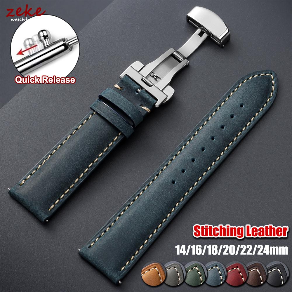 Genuine Calfskin Leather Watchband 14/16/18/20/22/24mm Butterfly Clasp Stitching Straps for Omega Business Watch Band for Seiko