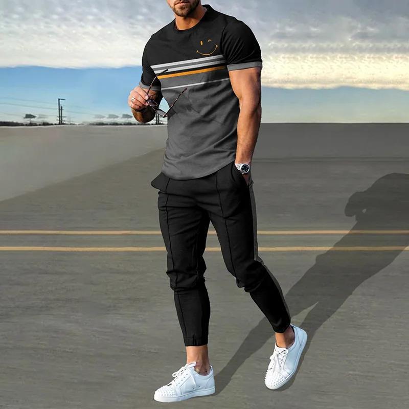 Sommer Männlichen Lose Beiläufige Druck T-shirt Elastische Taille Hosen Set Männer Kurzarm Street Style Pullover T-shirt Jogginghose Homme