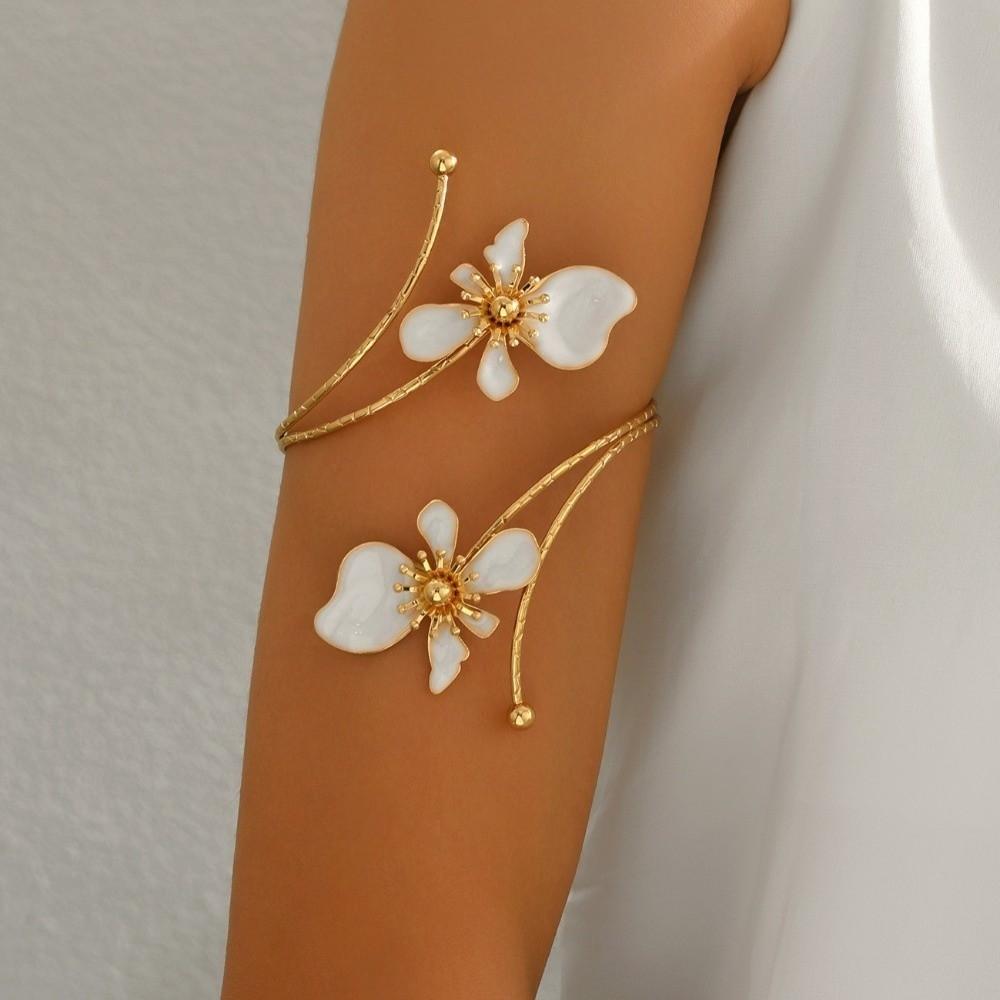 New Gold Color Floral Open Cuff Armlet Metal Enamel Glaze Craft Open Arm Ring Flower Cuff Bracelet Gifts