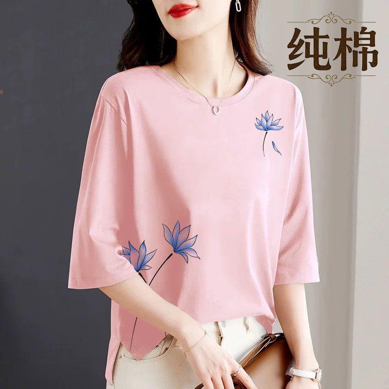 Avslappnad Ren Bomull Kortärmad T-shirt Dam Sommar Ny Lös Utländsk Mode Mångsidig Medelålders Topp