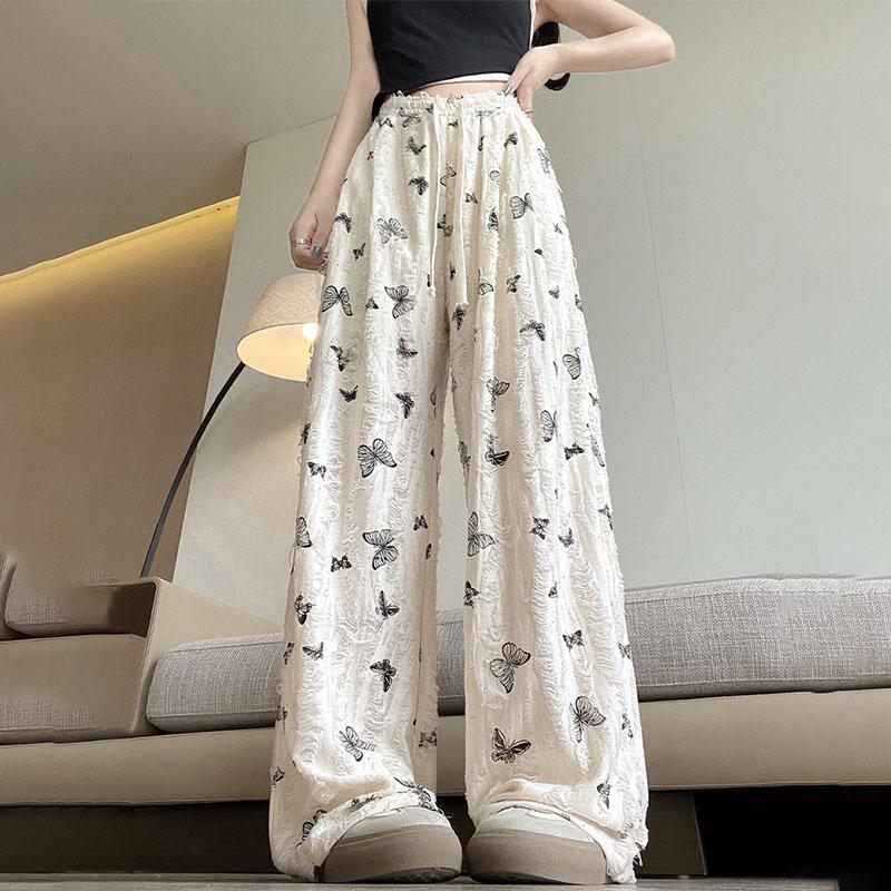 

Женские летние брюки с высокой посадкой, ленивые, драпирующиеся, прямого кроя, украшенные стразами, длиной в пол, с принтом бабочек, рваные, из ледяного шелка, широкие XL