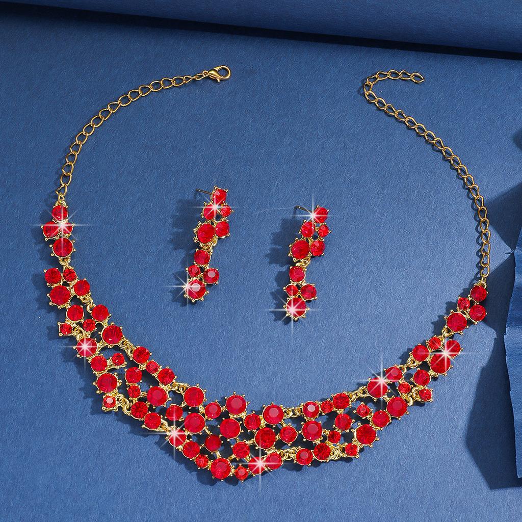 Two-Piece Jewelry Necklace Set Exaggerated Retro Alloy Red Rhinestone Earrings Necklace Women