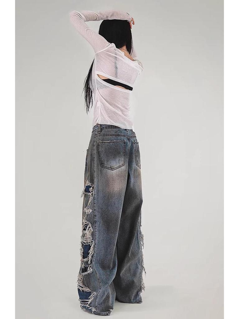 Trendy Korean Tassel Ripped Jeans: Washed, Punk Style, Straight-Leg, Draping Long Pants for Teenagers