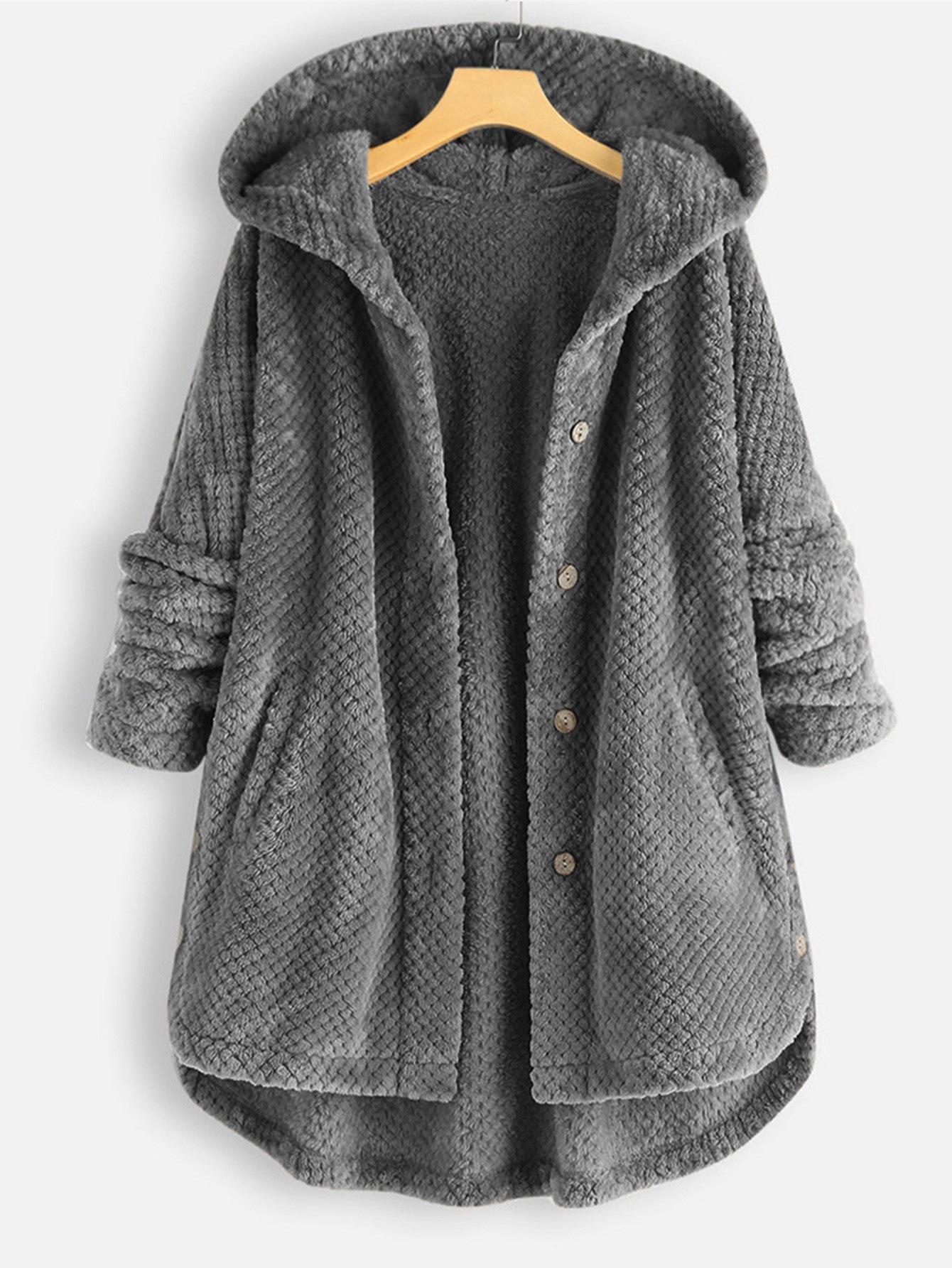 Plus Size Women s Fashionable Pineapple Texture Mid-length Fleece Hooded Coat L