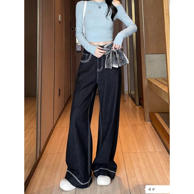 Korean Style High-Waisted Embroidered Jeans with Silk Scarf Bow - Women's Retro Straight Loose Wide-Leg Pants