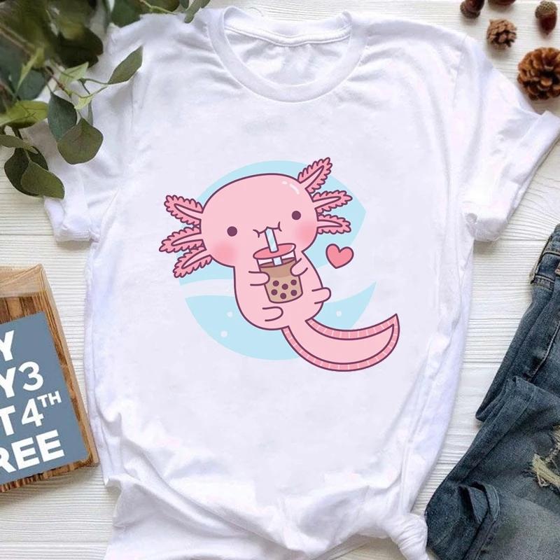 Summer Short-sleeve Casual Top with a Cute Salamander Drinking Bubble Tea Print, Children's T-shirt