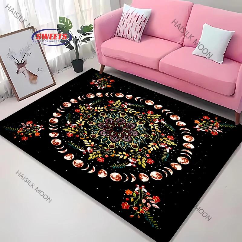3D Himmlischer & Floraler Kunstbereichsteppich – Rutschfester Teppich für Schlafzimmer oder Wohnzimmer – Mond Sonne Blume Totem Bodenmatte, Heimdekor