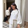 Spring New European and American Style Women Hollow White Lace Shirt High Waist Elastic Two-piece Set