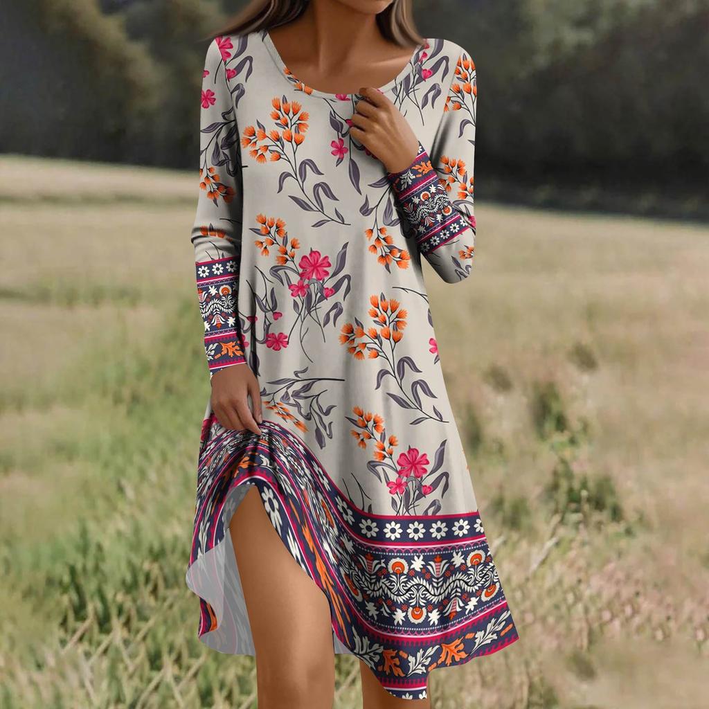Long  Sleeve Dress For Women Casual Loose Fit Print Dress With Pockets