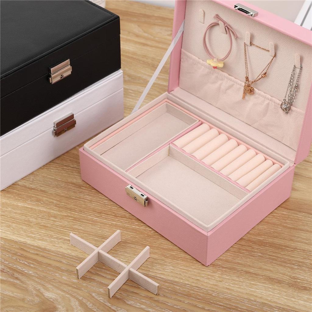Double-Layer Large-Capacity Jewelry Storage Box with Lock - Wooden PU Leather Design
