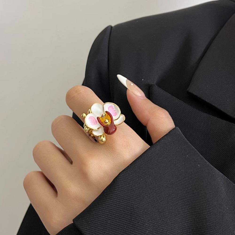 Butterfly Orchid Enamel Finger Ring Sweet French Irregular Ring Creative Drip Oil Flower Ring  Gift