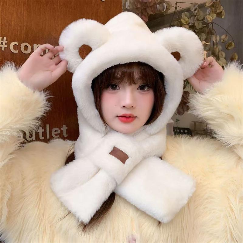 Cute bear plush hat women's autumn and winter new cold-proof and warm hat, scarf integrated thickened ear protection headgear