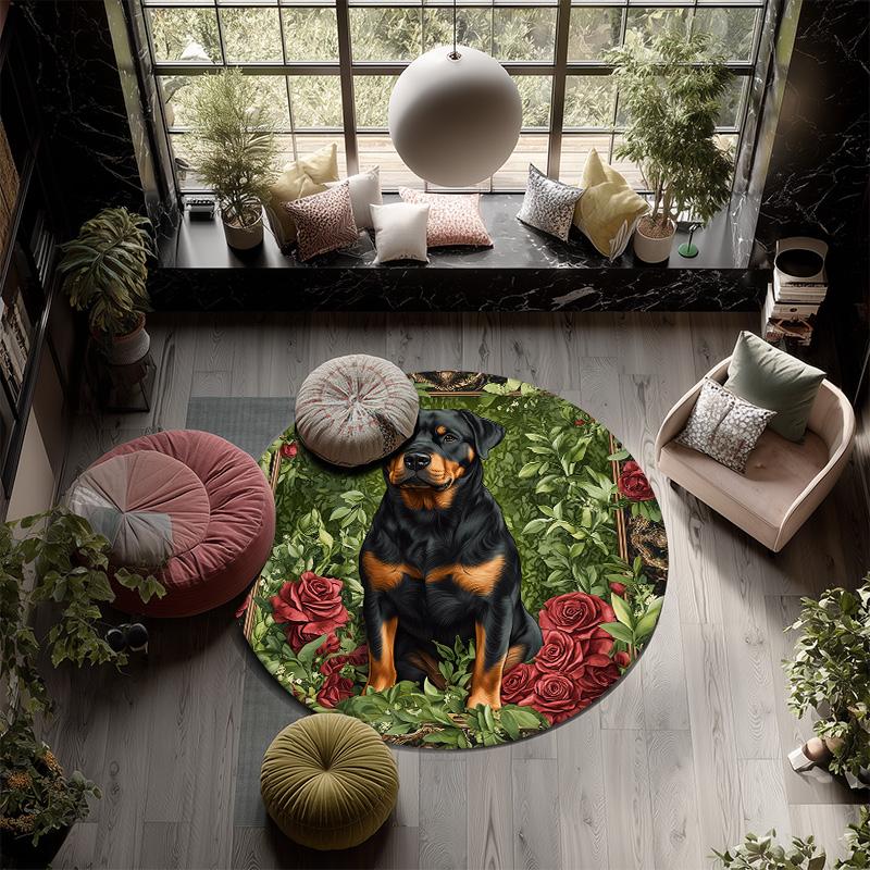 Rose Dog,Round Area Rug,Carpet Rug for Living Room Bedroom Sofa Playroom Decor,Non-slip Floor Mat