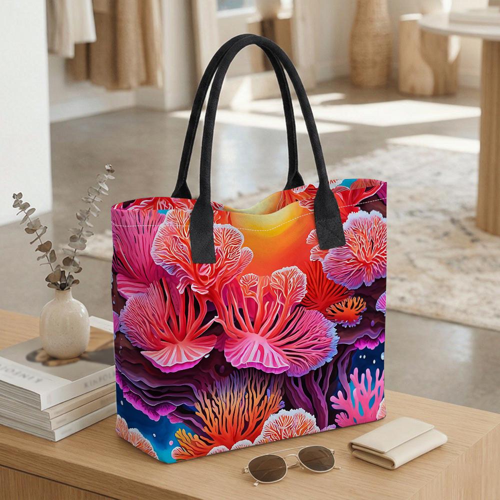  Colorful Coral Print Tote Bag Large Capacity Stylish Casual Daily Shoulder Handbag