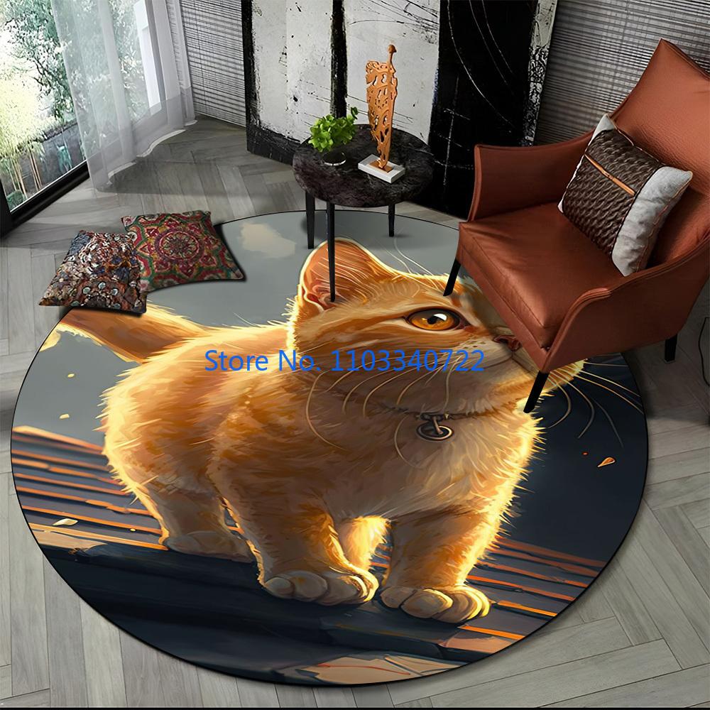 Cute Calico Cat Persian Cat Ragdoll Rug Round Carpet 120cm Crawling Game Non-slip Floor Mat for Kids Bedroom Living Room Decor