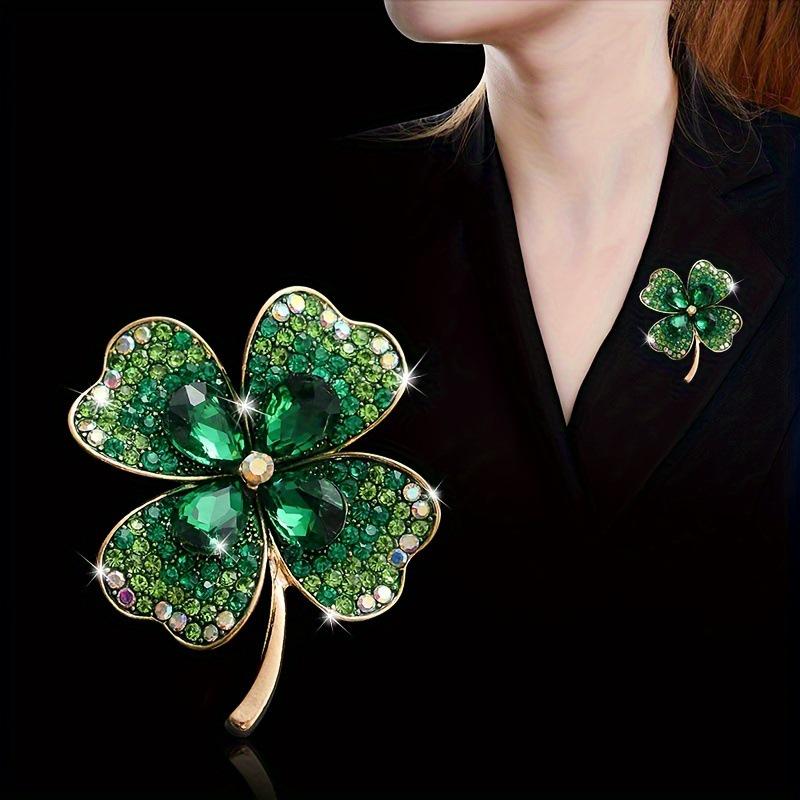 Elegant Four-Leaf Clover Rhinestone Brooch for Women s Jackets and Cardigans зелёный