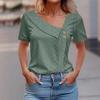 V-Neck Button Solid Color Hollow Short Sleeve Women's Top Tee 2026