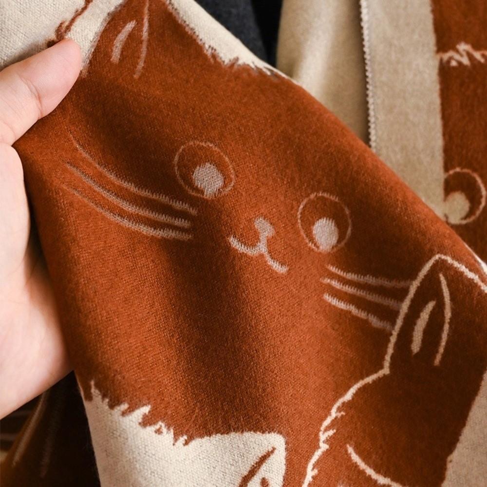 Double Sided Warm Blanket Scarf Large Size Winter Shawl Cat Print Cashmere Scarf  Daily Wear