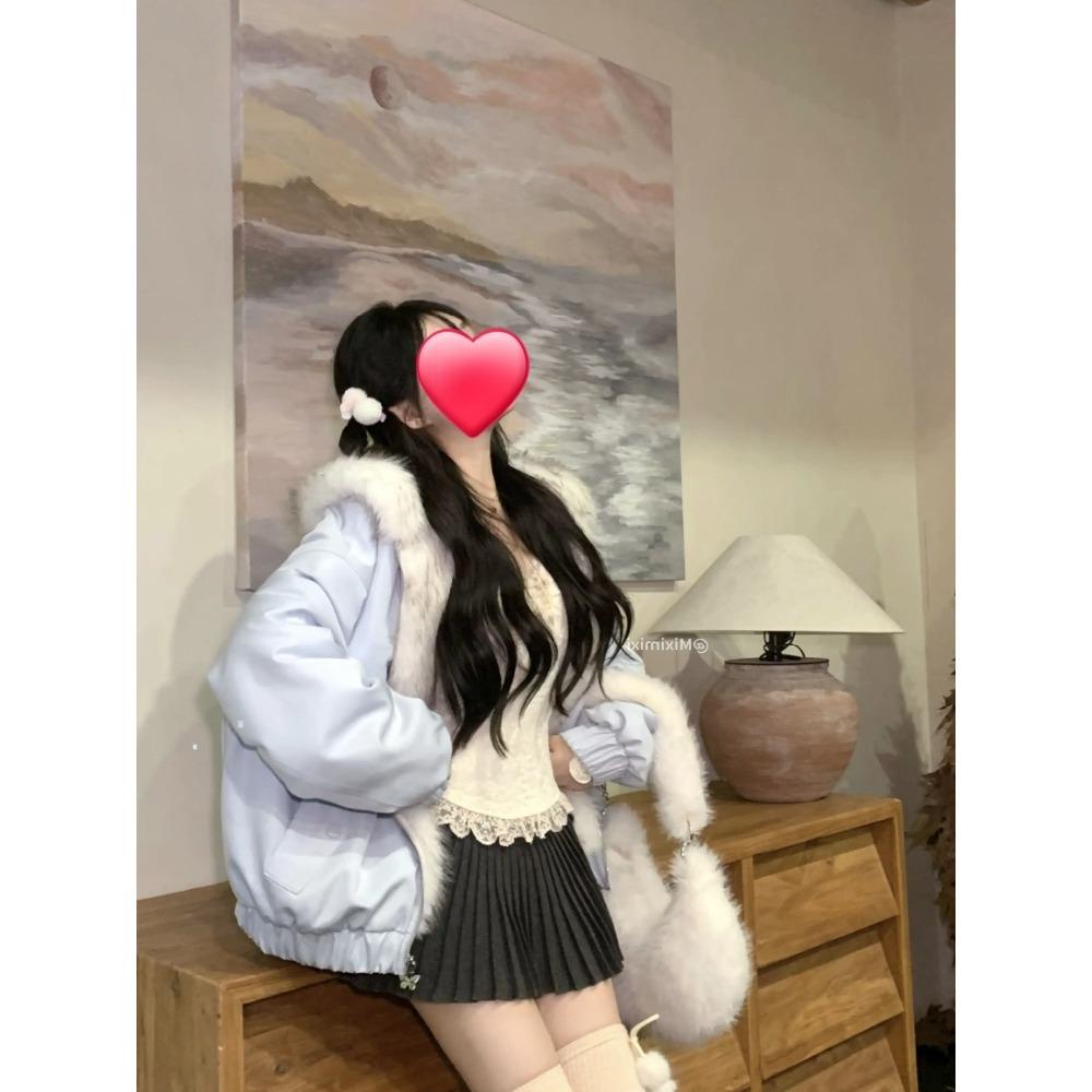 Kawaii Y2K Jacket Winter Fur Collar Sweet Hooded Women Thick Jacket Casual Tops Zipper Loose Hooded Coat Clothes