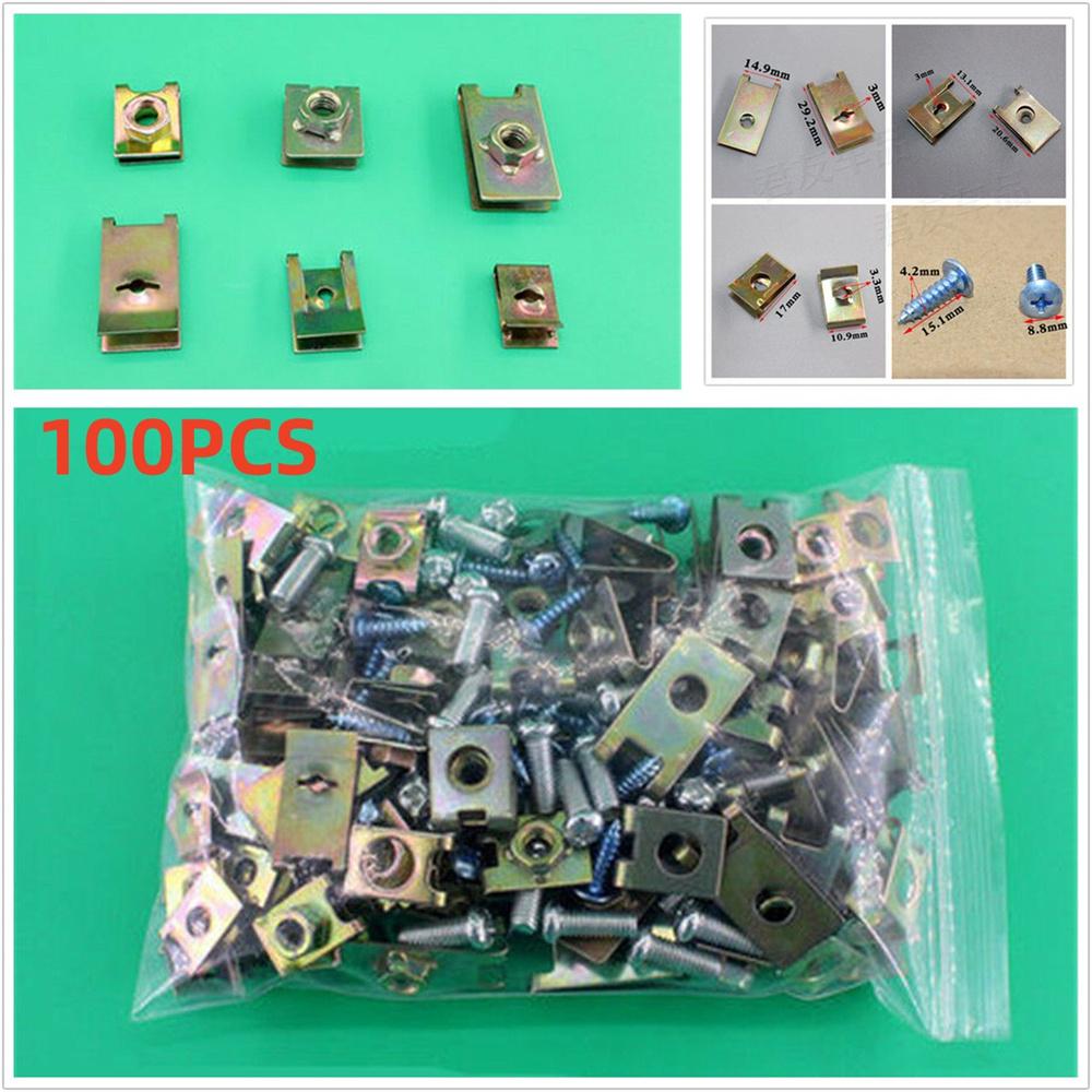 100pcs Mixed Auto Car Body Door Panel Fastener Fixed Screw U Type Gasket Fender Metal Clips
