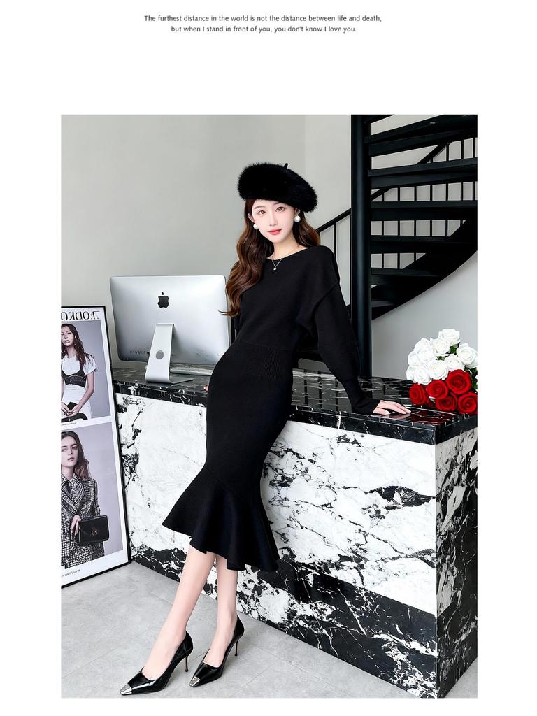 Elegant Black Mermaid Skirt Dress: Women's Long Sleeve, Over-the-Knee Knitted Style