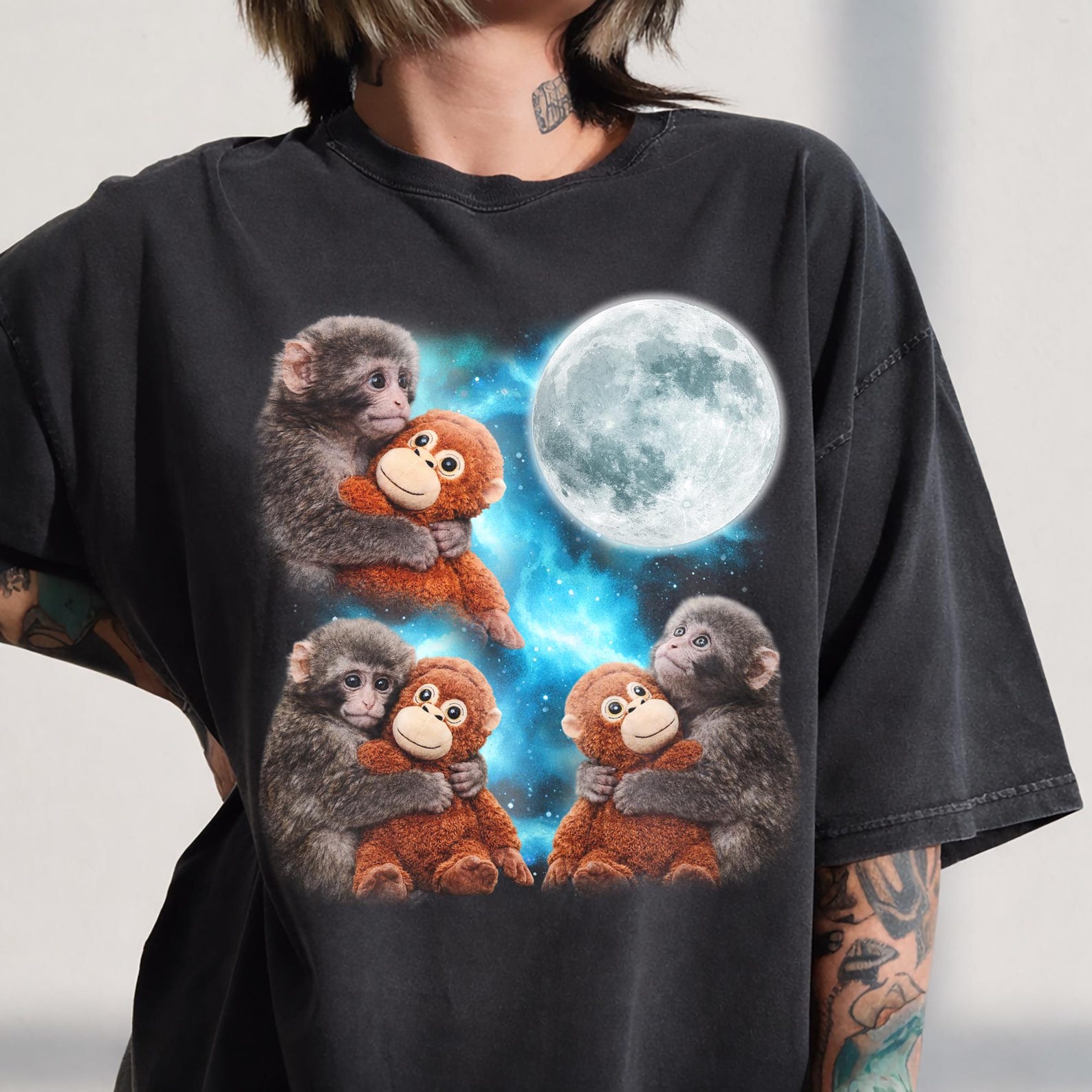 Whimsical Monkey Moon Graphic Tee, 90s Retro Animal Shirt L