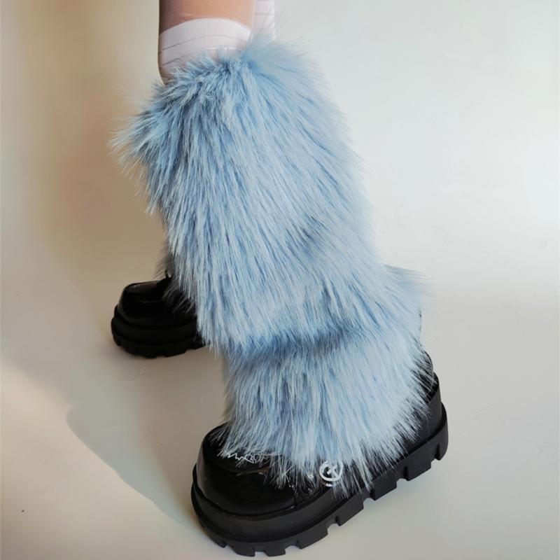 Plush Furry Leg Warmers for Women Cozy Winter Boot Toppers Thermal Warm Blue Fuzzy Foot Covers Footless Socks Gaiters