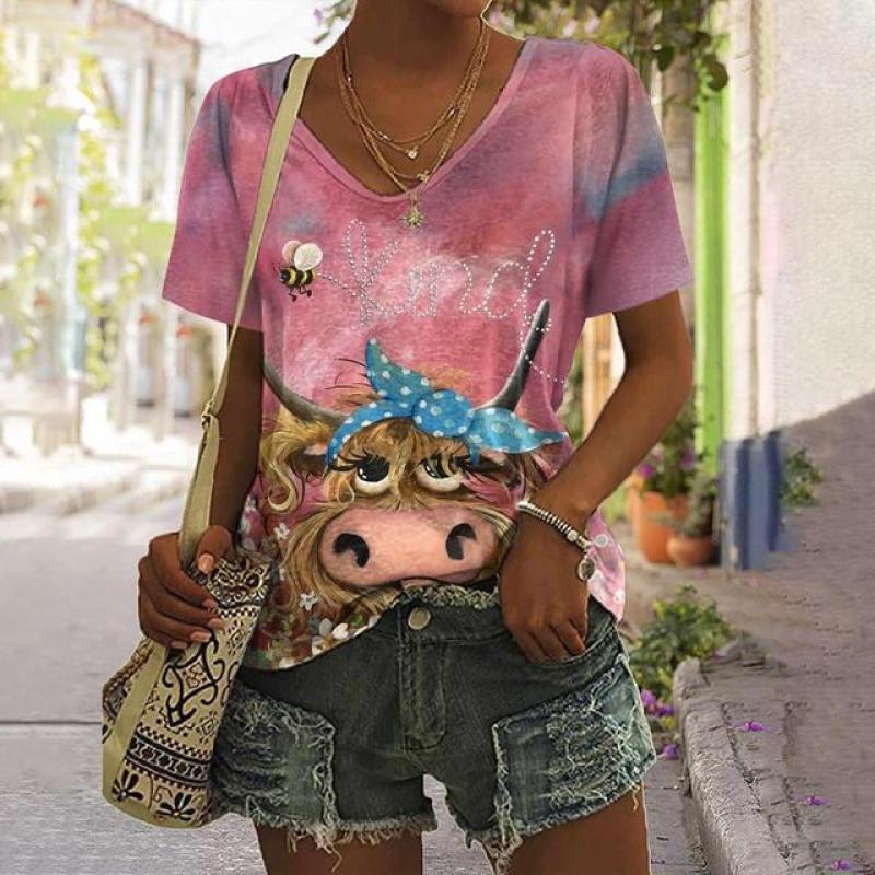 Animal Women's T Shirt Summer Casual Short Sleeve Top Cute Calf Pattern 3d Print Street Fashion V-Neck Female Harajuku Clothing