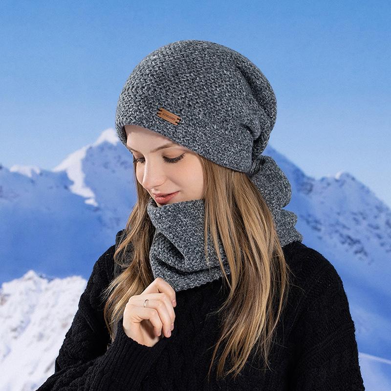 Women's Knitted Hat Winter European and American Warm Hat Scarf Set Fleece Ear Protector Pullover Wool Hat