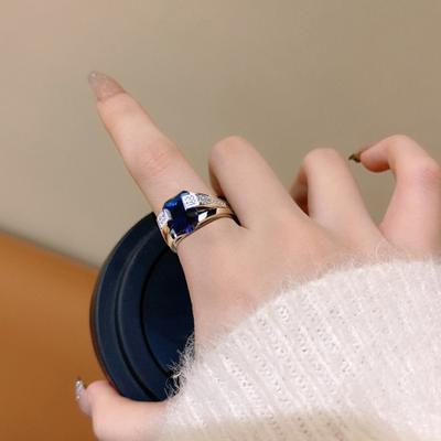 Yousheng Women Ring Non-Fading All Match Exquisite Daily Wear Inlaid Zircon Blue Faux Gem High Gloss Lady Ring Fashion Jewelry