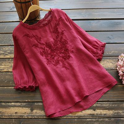 Summer Women Cotton Linen Short Sleeve T-Shirt Blouse Women Puff Sleeve Embroidery Tops Plus Size