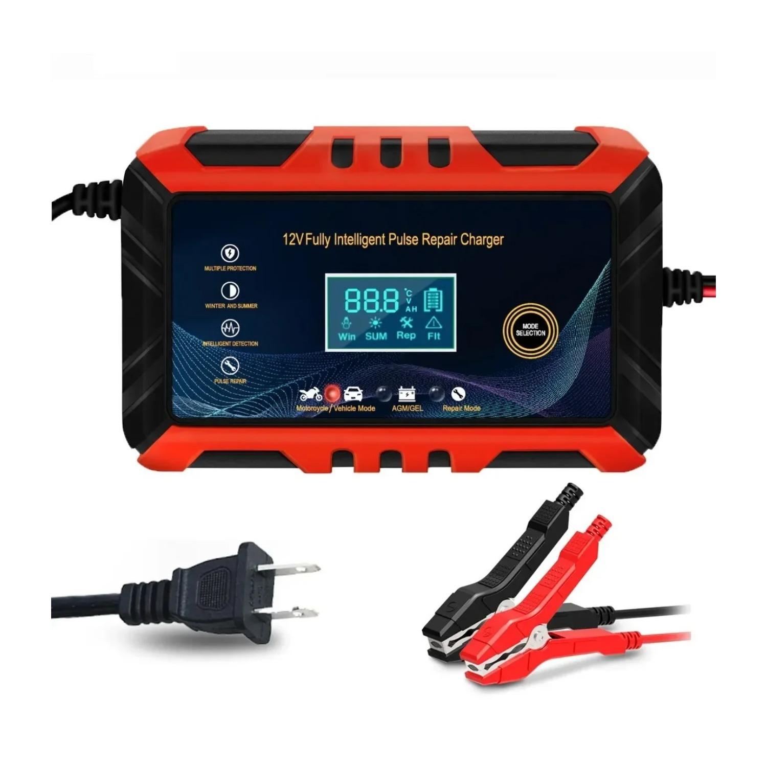 

12 В интеллектуальное зарядное устройство для автомобильного аккумулятора - импульсный ремонт, ЖК-дисплей, подходит для автомобилей, мотоциклов, судов и водных мотоциклов US Plug красный