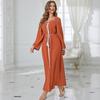 Women's Clothing Orange Round Neck Rhinestone Slim Robe Muslim Dress with Belt