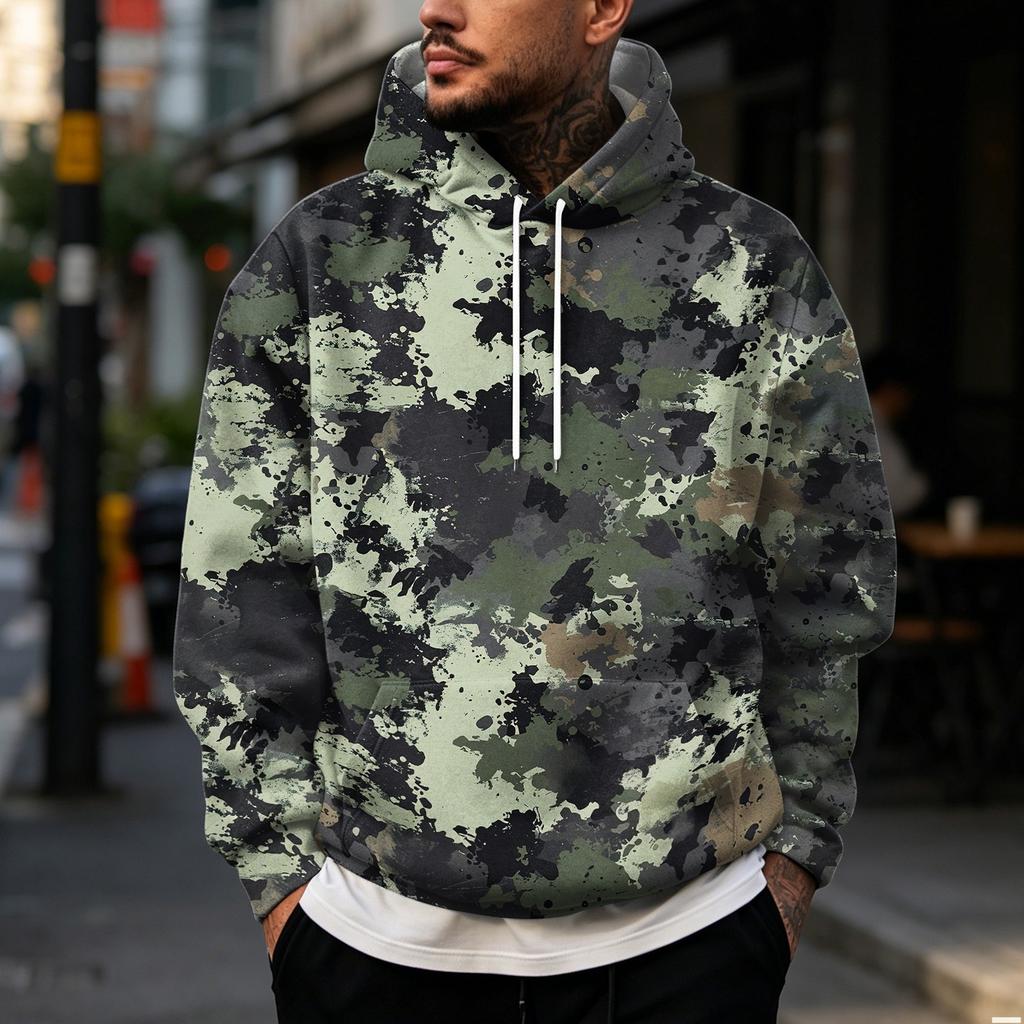 Men's Casual Hoodie with Retro Patchwork Print and Single Pocket