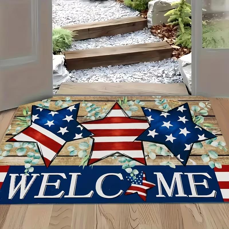 American Holidays Theme Door Mat Patriotic Stars Stripes Welcome Entrance Rug Soft Non-Slip Welcome Mat for Indoor Outdoor Decor