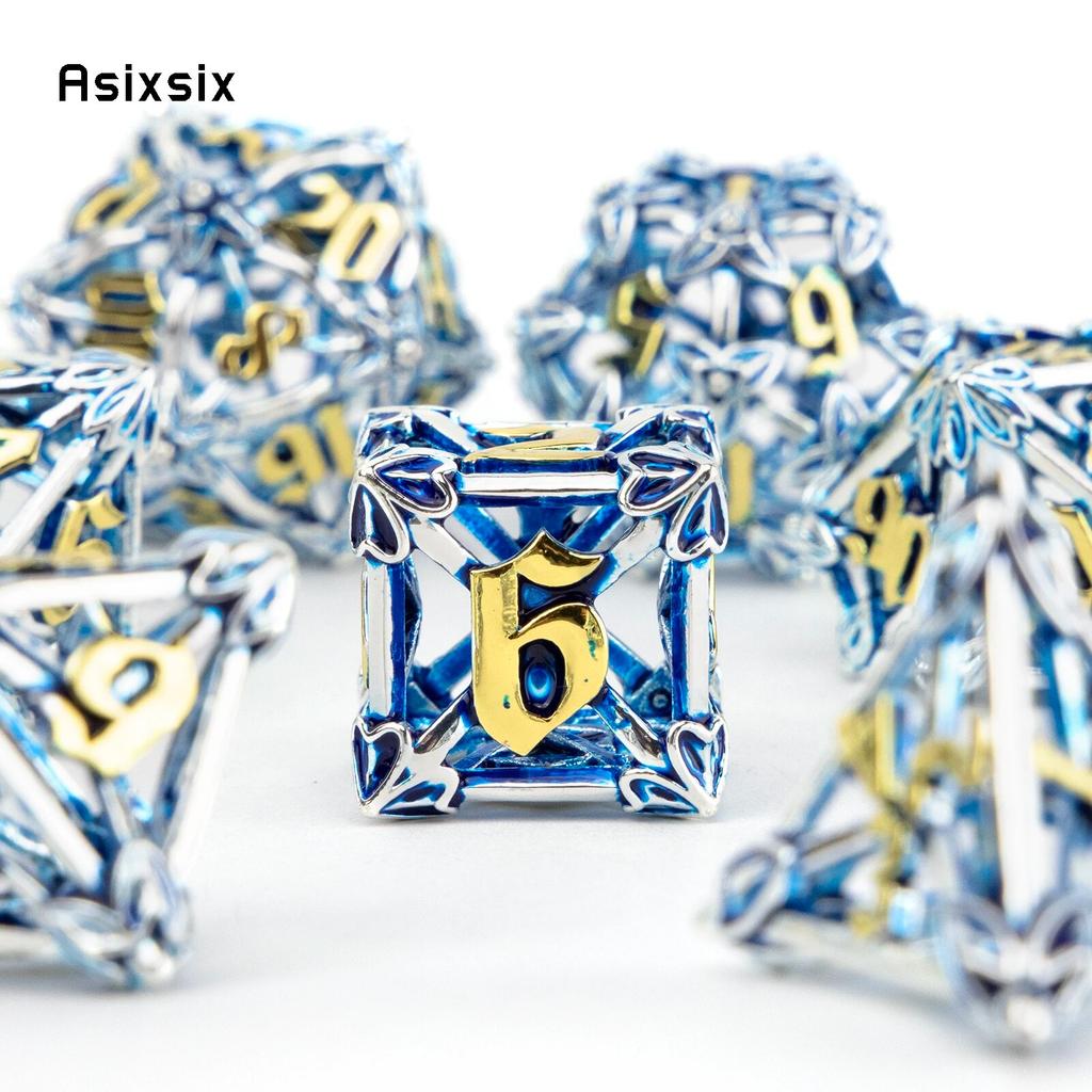7 Pcs Silver Blue Leaf Flower Metal Dice Hollow Metal Polyhedral Dice Set Suitable for Role-Playing RPG  Board Game Card Game