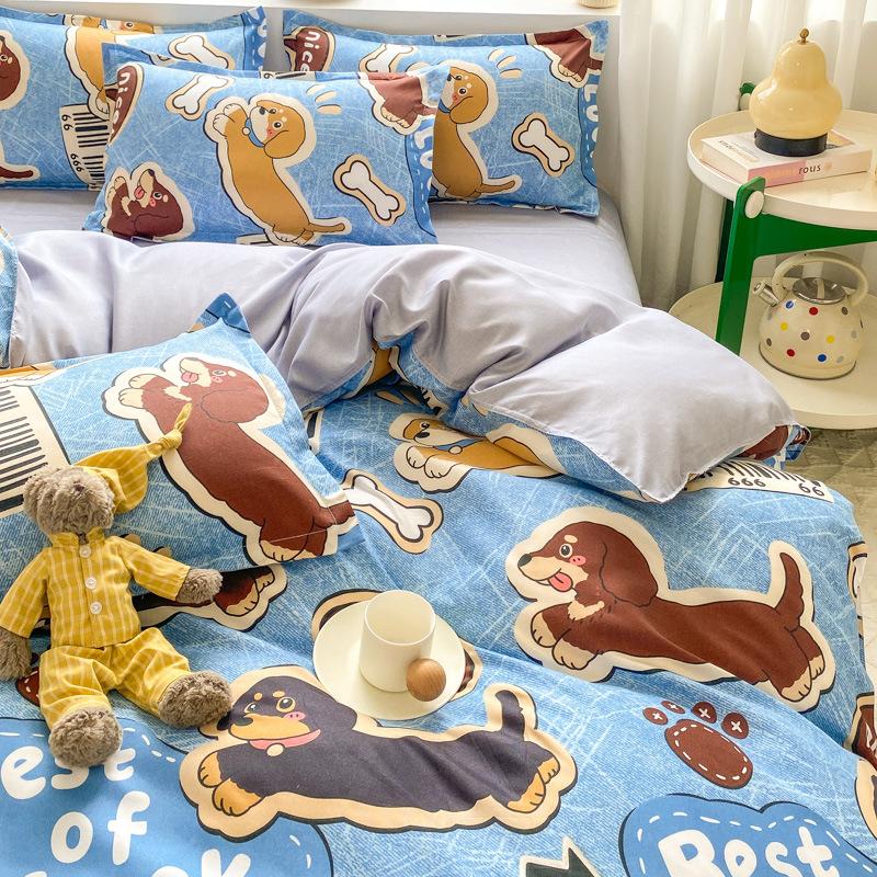 Dormitory Cartoon Printing Three-piece Set, Small Fresh Bed Sheet Quilt Cover, Skin-friendly Four-piece Set