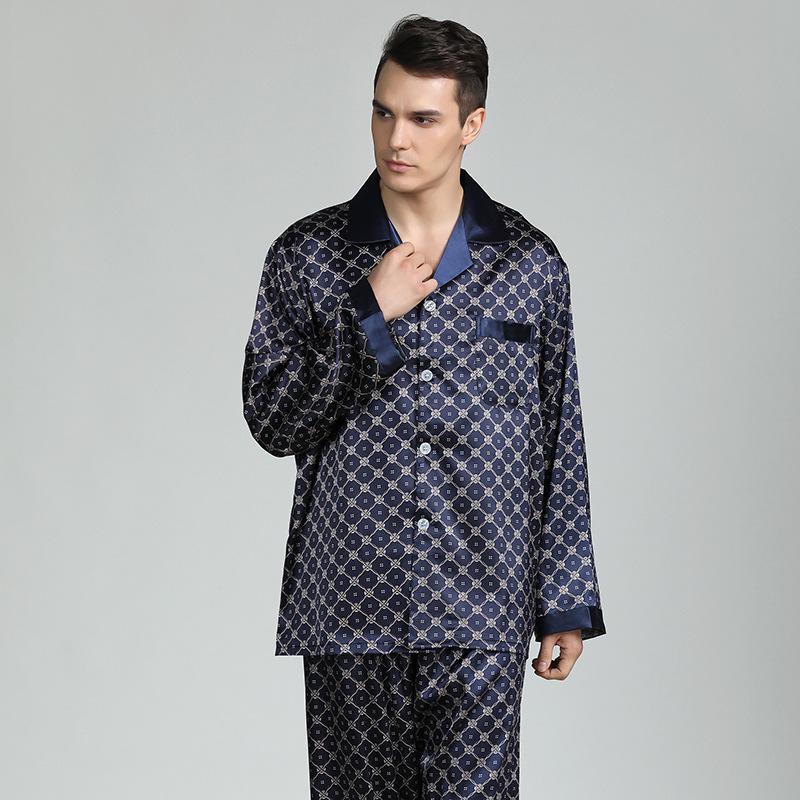 Men's Silk Print Pajamas Set - Long Sleeve Ice Silk Sleepwear for Spring/Summer, Plus Size Available