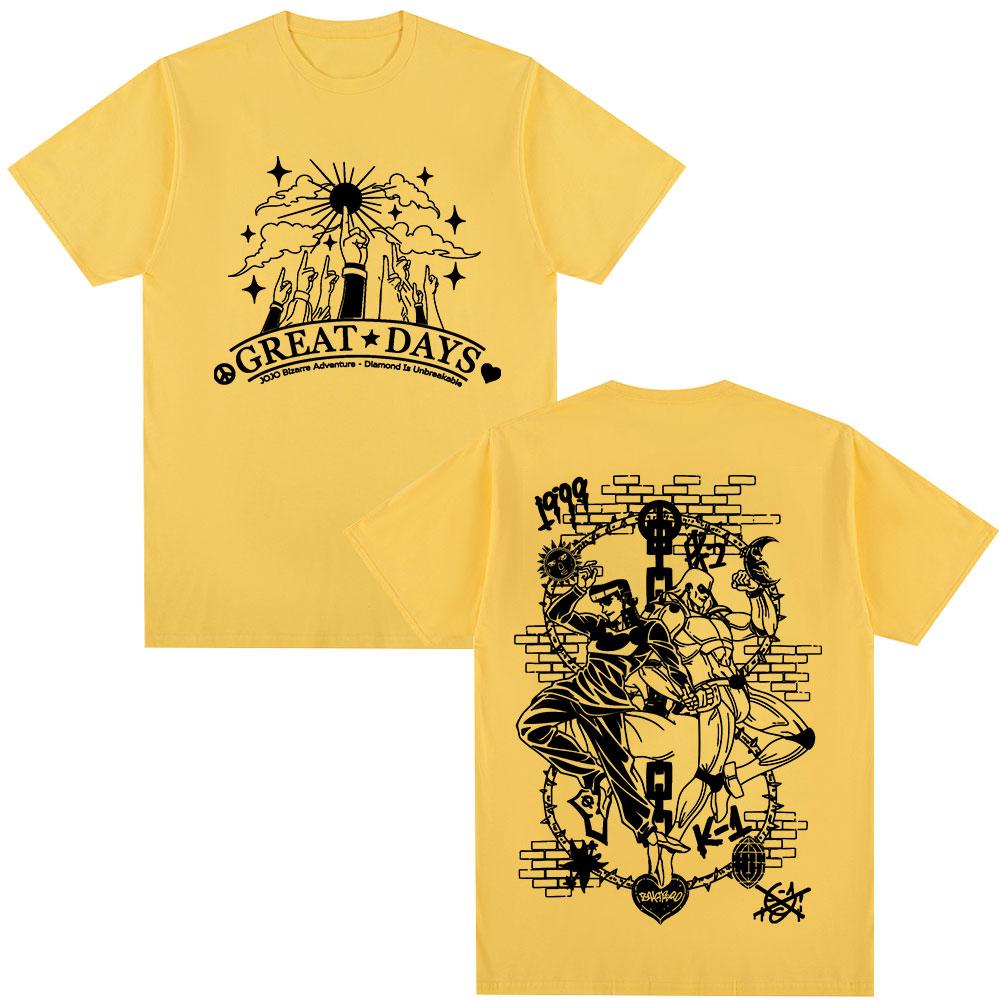 Anime Jojo Bizarre Adventure Higashikata Josuke Great Days T Shirts Unisex Casual Cotton Y2K Short Sleeves Oversized Top Streetwear