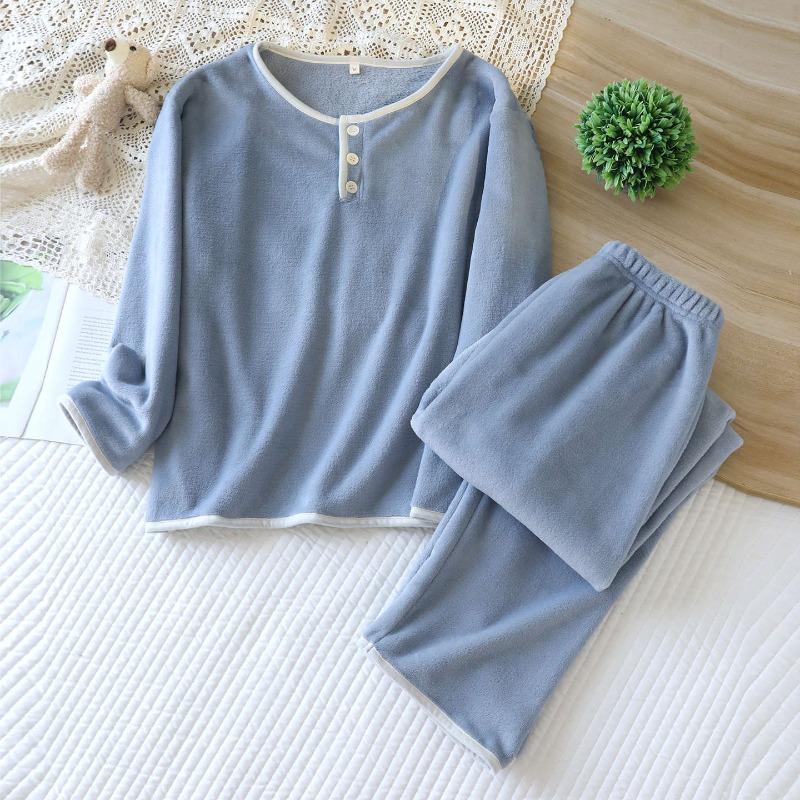 2026 New Autumn/Winter Women's Pajama Set 100% Flannel Round Neck Thickened Solid Color Home Clothes Long Sleeve Two Piece Set
