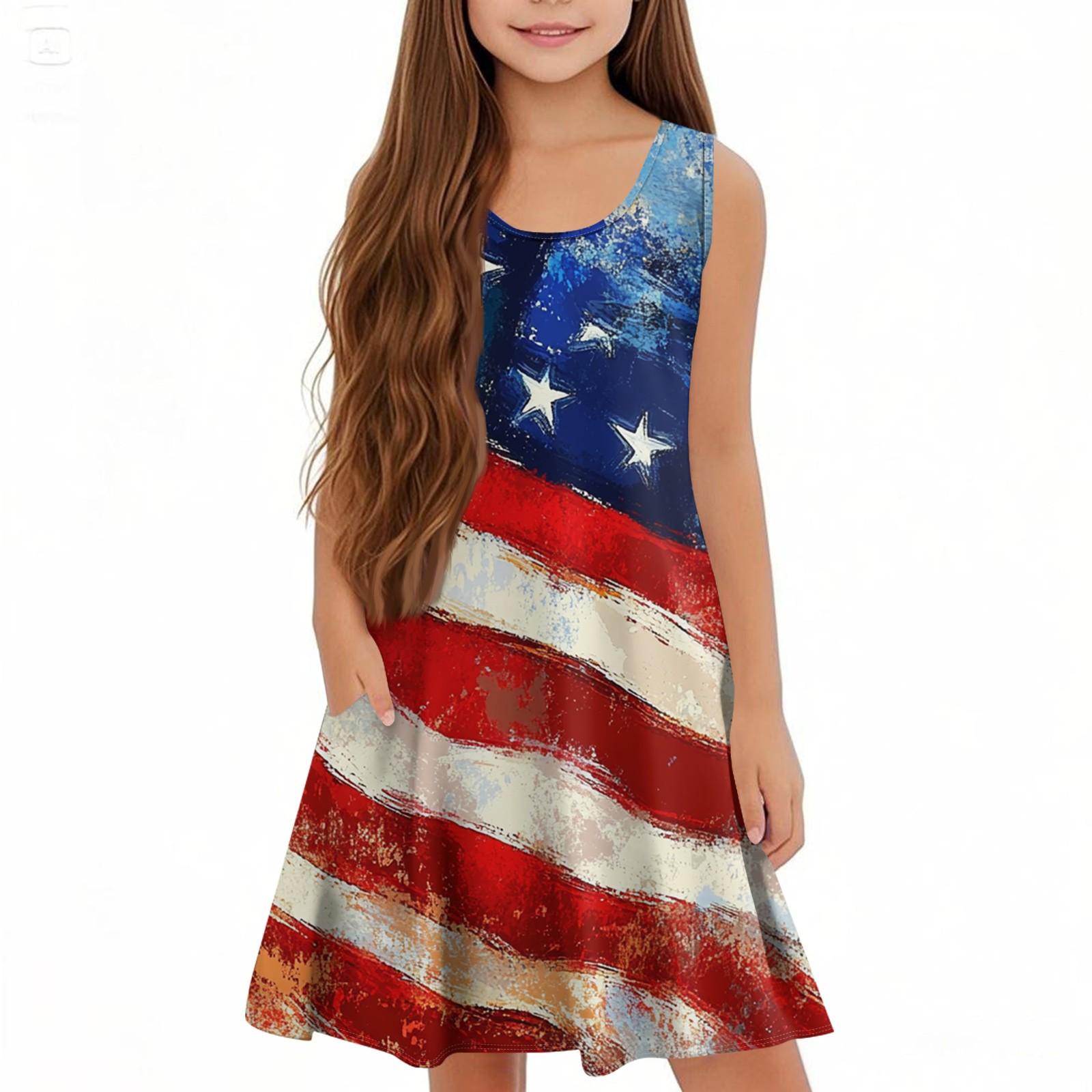 

Детское летнее платье А-силуэта без рукавов с U-образным вырезом, повседневное, на День независимости 160 арбуз красный