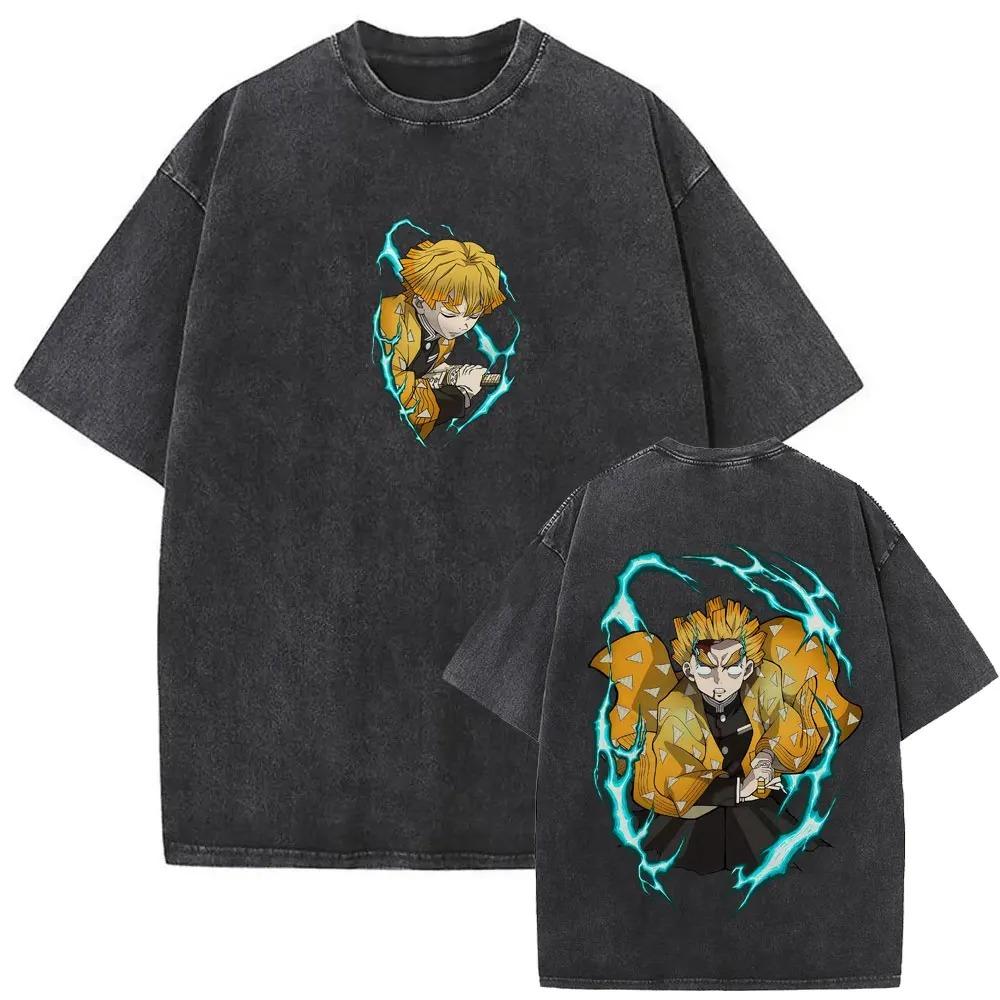Demon Slayer "Metsu" Kanji & Hashira Group Vintage Washed Double-Sided Graphic T-Shirt, Oversized Anime Streetwear Tee, Unisex Casual Top
