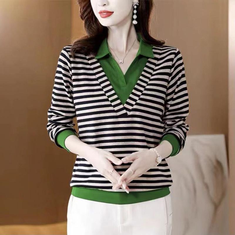Elegance Autumn And New Spring Fashion Vneck Stripe Panel Contrast Color Casual Loose Versatile Fake Two Piece Tshirt