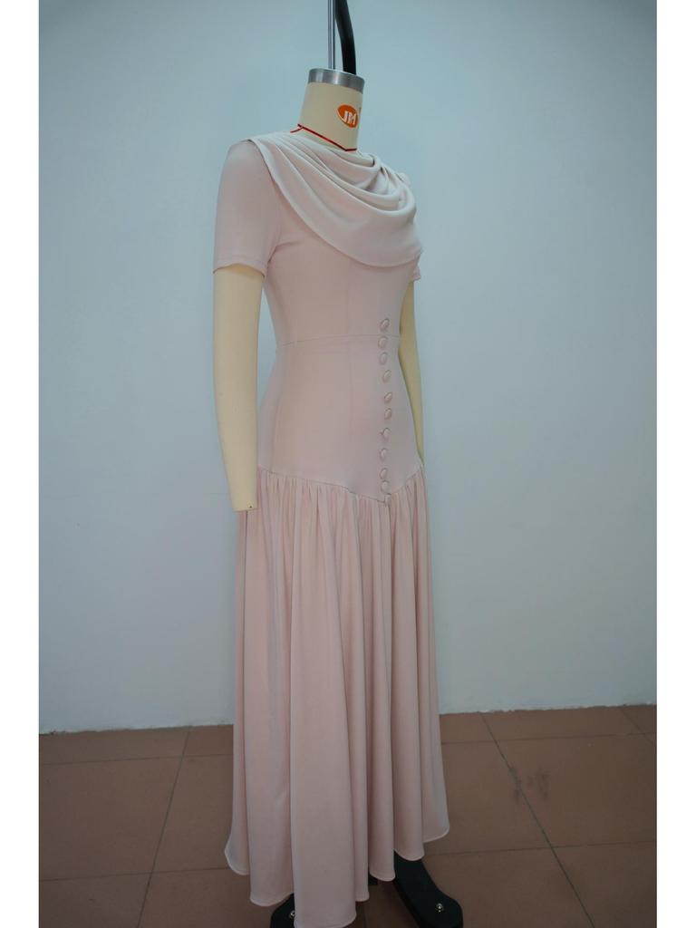 2026 Spring European & American Elegant Waist-Cinching Short Sleeve Solid Color Scarf Collar Dress